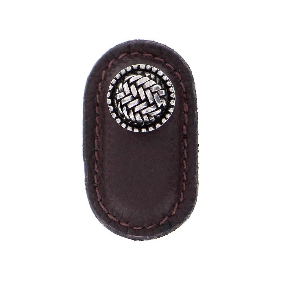 Leather Collection Cestino Knob in Brown Leather in Antique Silver