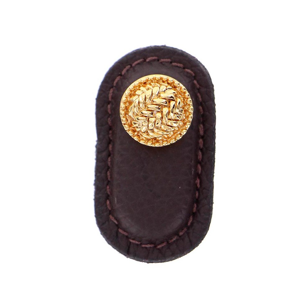 Leather Collection Cestino Knob in Brown Leather in Polished Gold