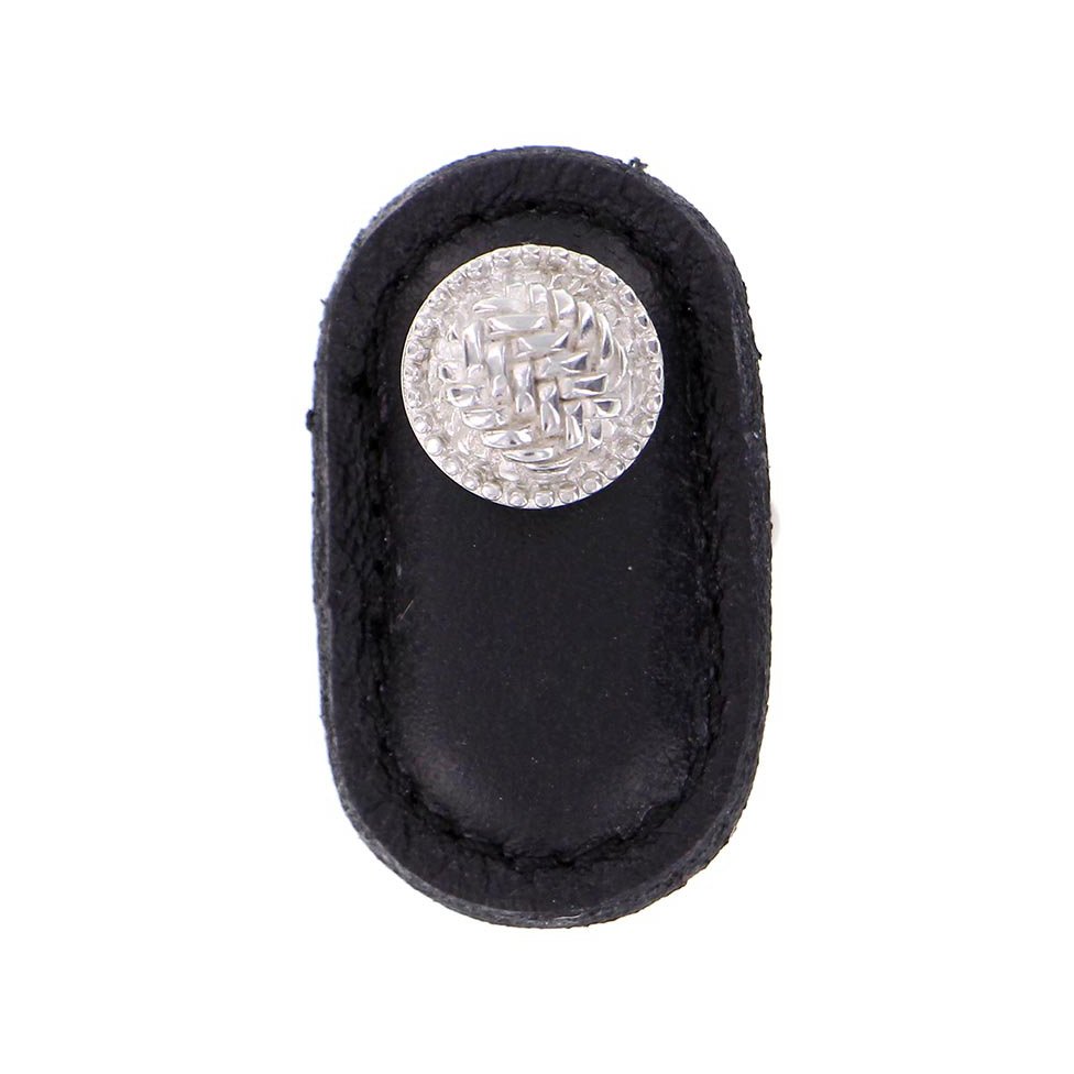 Leather Collection Cestino Knob in Black Leather in Polished Silver