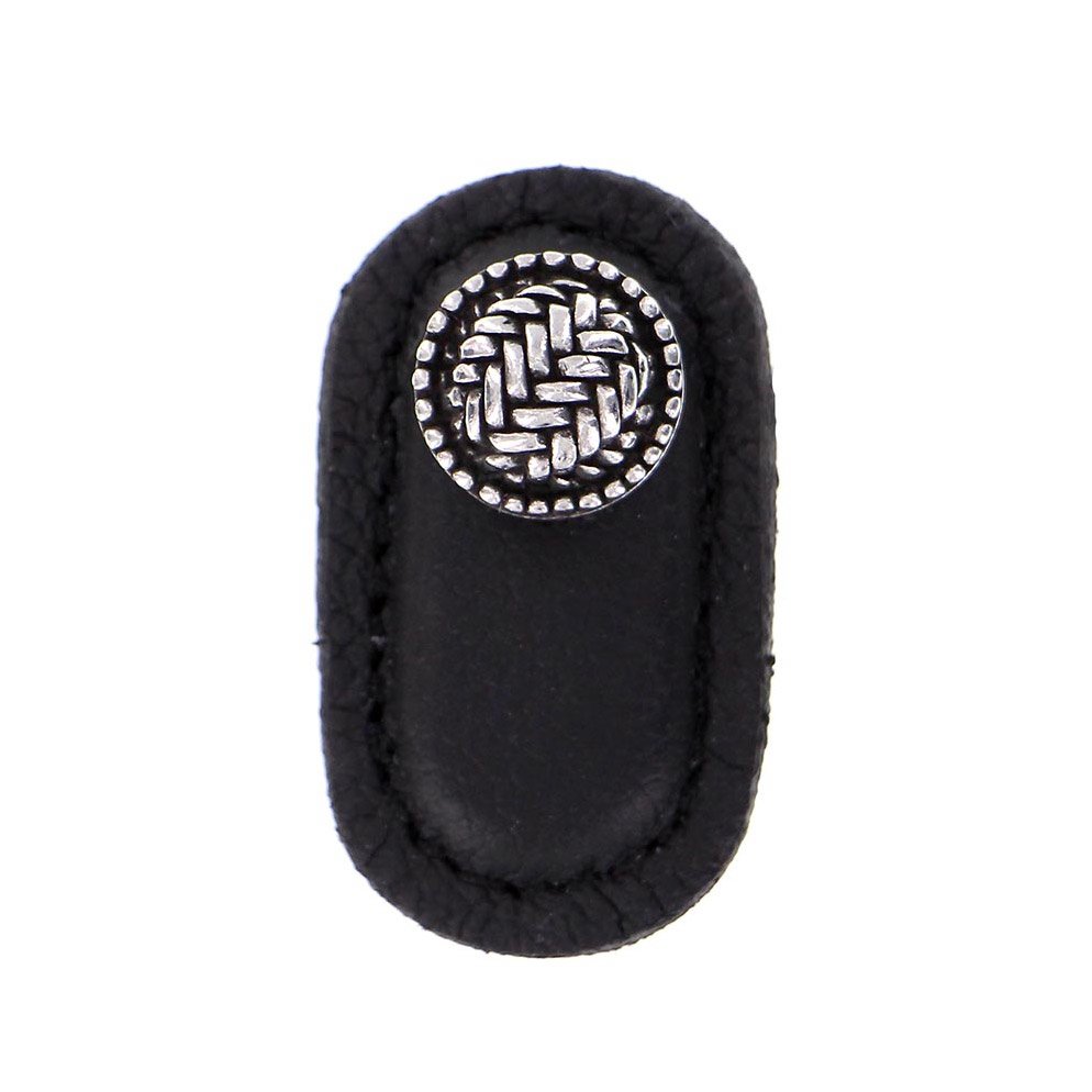 Leather Collection Cestino Knob in Black Leather in Vintage Pewter