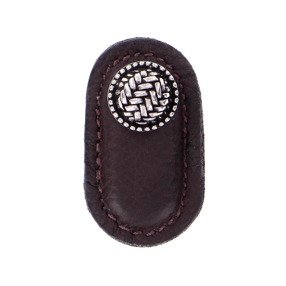 Leather Collection Cestino Knob in Brown Leather in Vintage Pewter