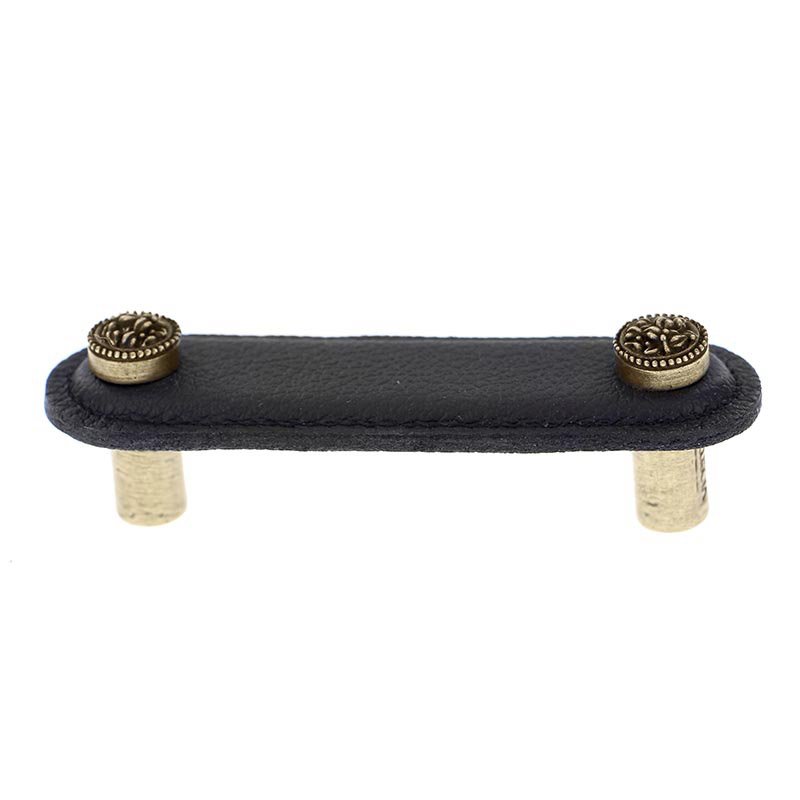 3" (76mm) Pull in Black Leather in Antique Brass