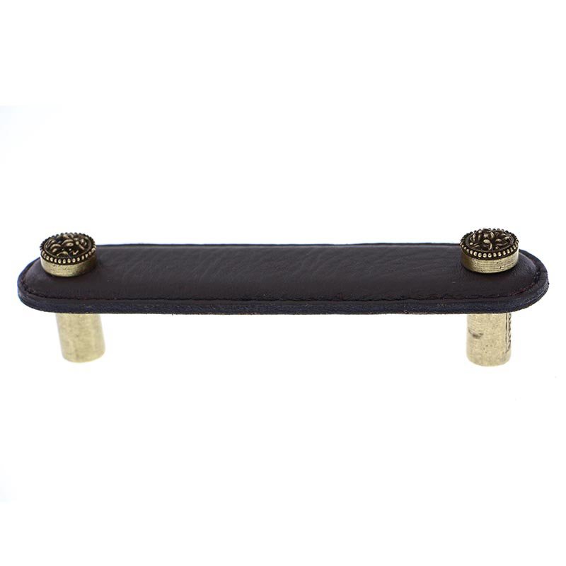 4" (102mm) Pull in Black Leather in Antique Brass