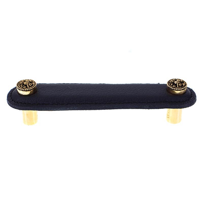4" (102mm) Pull in Black Leather in Antique Gold