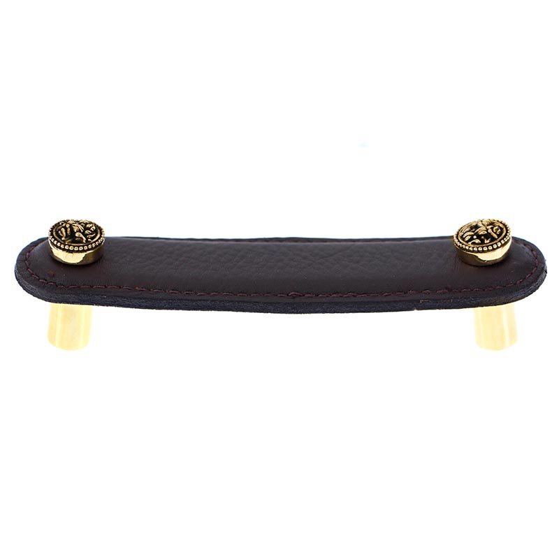 4" (102mm) Pull in Brown Leather in Antique Gold