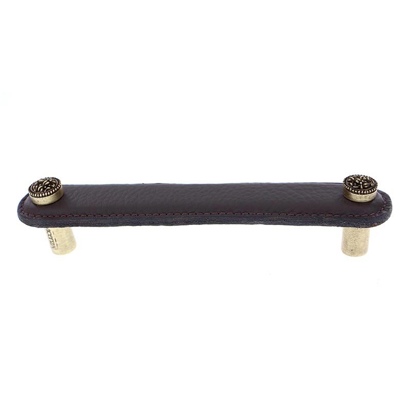 5" (128mm) Pull in Brown Leather in Antique Brass