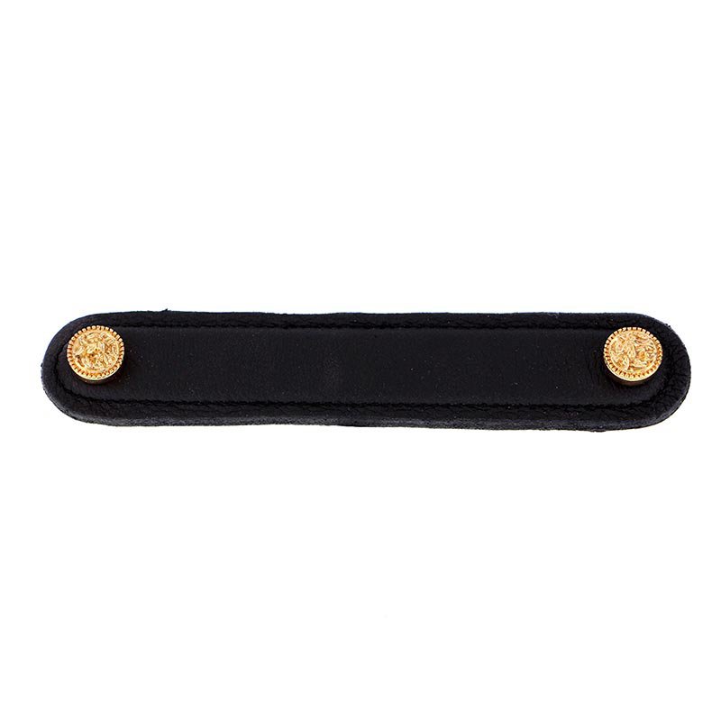5" (128mm) Pull in Black Leather in Polished Gold