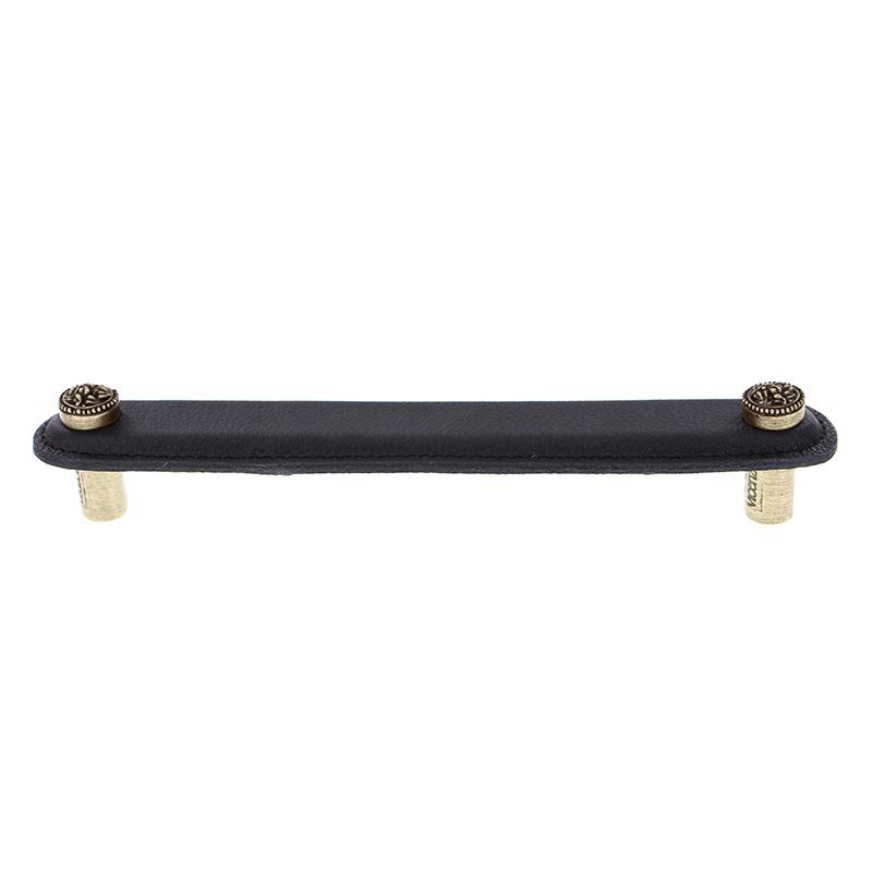 6" (152mm) Pull in Black Leather in Antique Brass