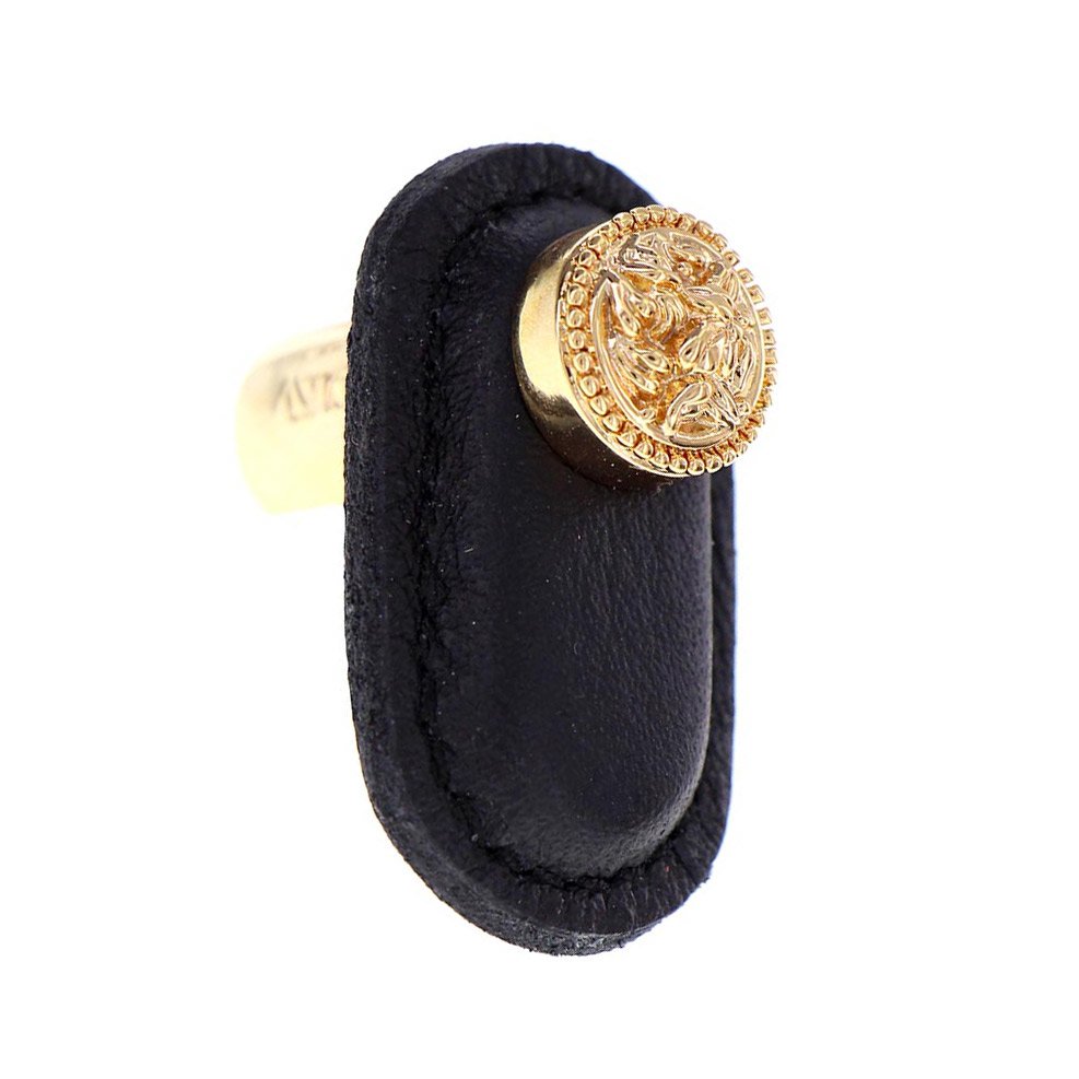Large Knob with Leather Insert in Polished Gold with Black Leather Insert
