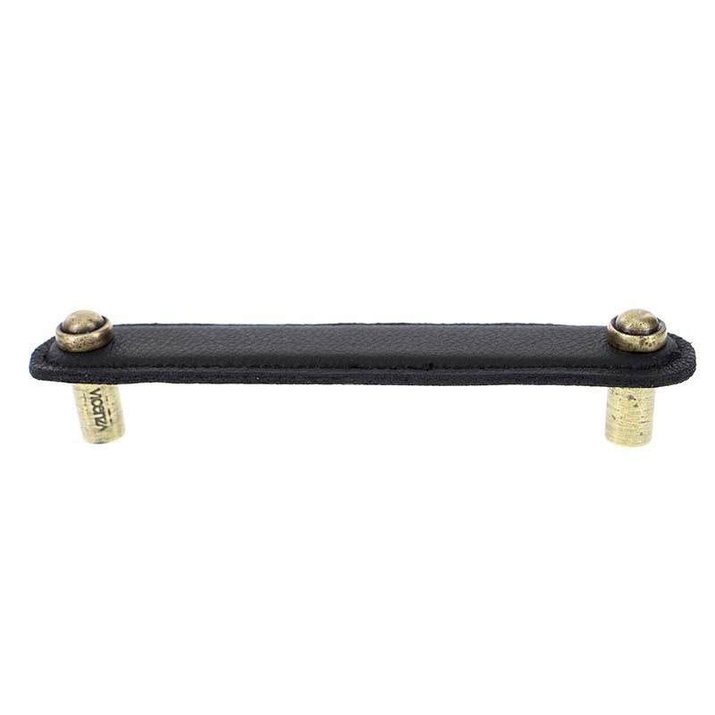 Leather Collection 5" (128mm) Magrini Pull in Black Leather in Antique Brass