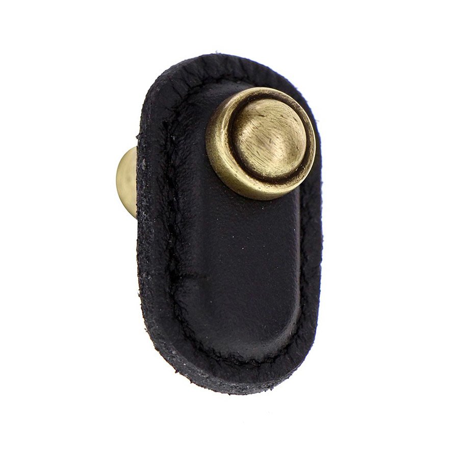 Leather Collection Magrini Knob in Black Leather in Antique Brass