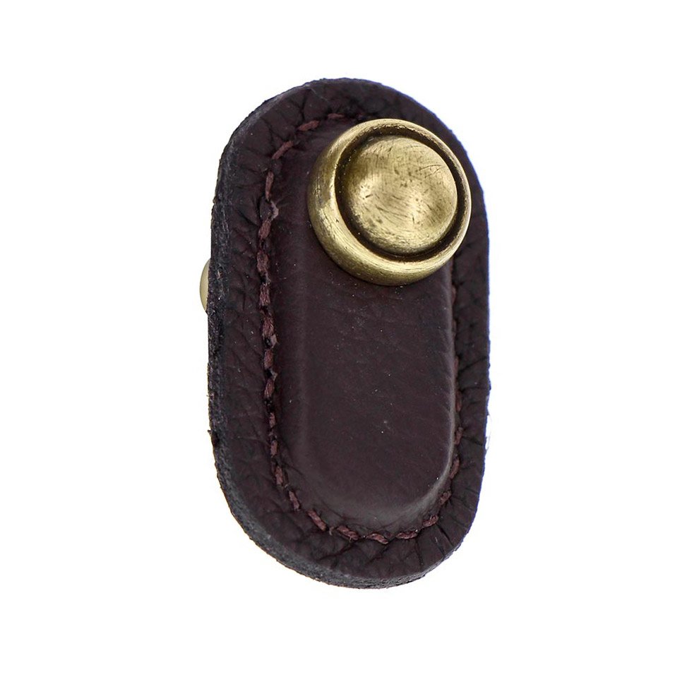 Leather Collection Magrini Knob in Brown Leather in Antique Brass