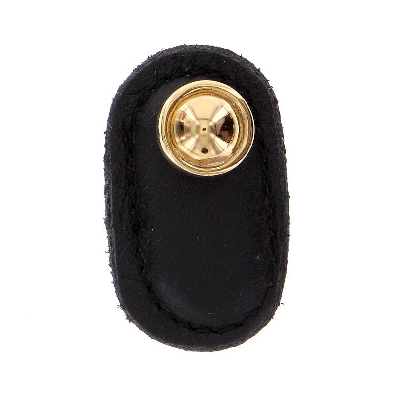 Leather Collection Magrini Knob in Black Leather in Polished Gold