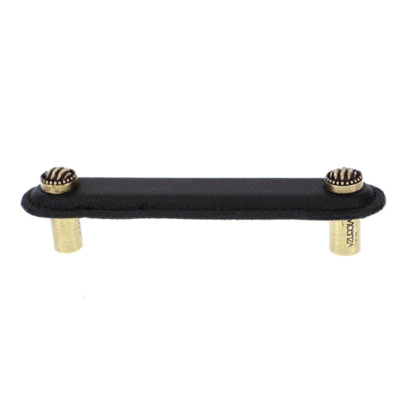 Leather Collection 4" (102mm) Sanzio Pull in Black Leather in Antique Brass