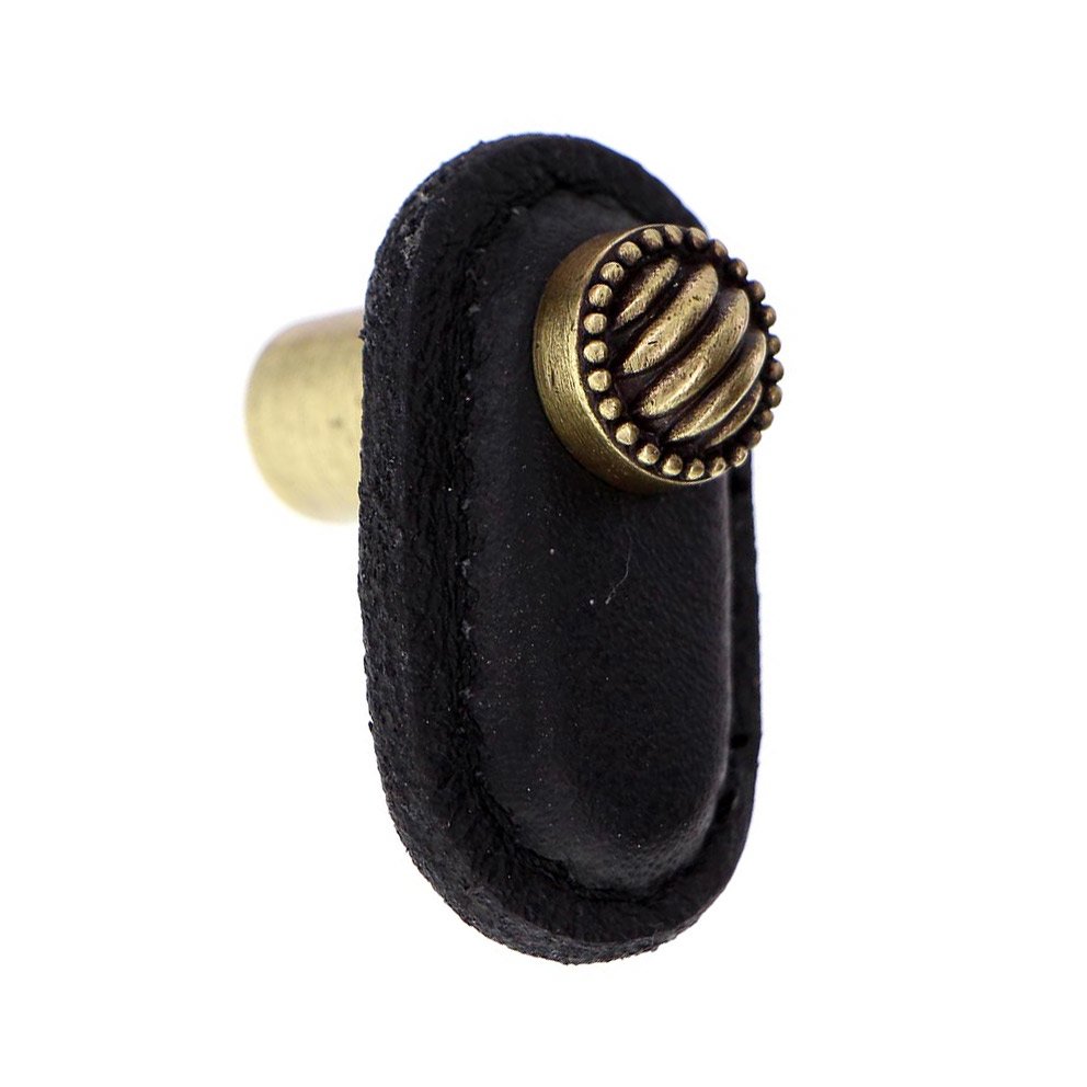 Leather Collection Sanzio Knob in Black Leather in Antique Brass