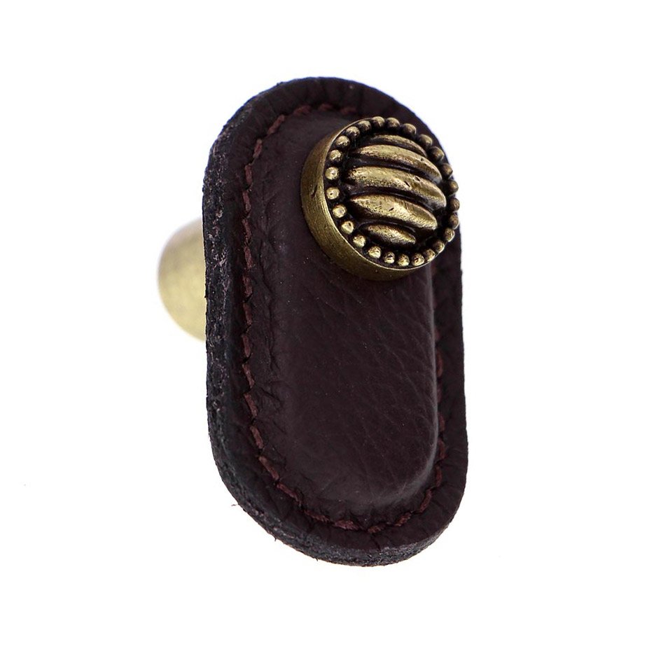 Leather Collection Sanzio Knob in Brown Leather in Antique Brass