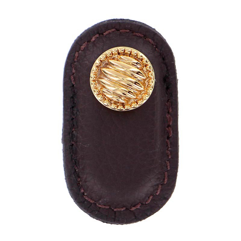 Leather Collection Sanzio Knob in Brown Leather in Polished Gold