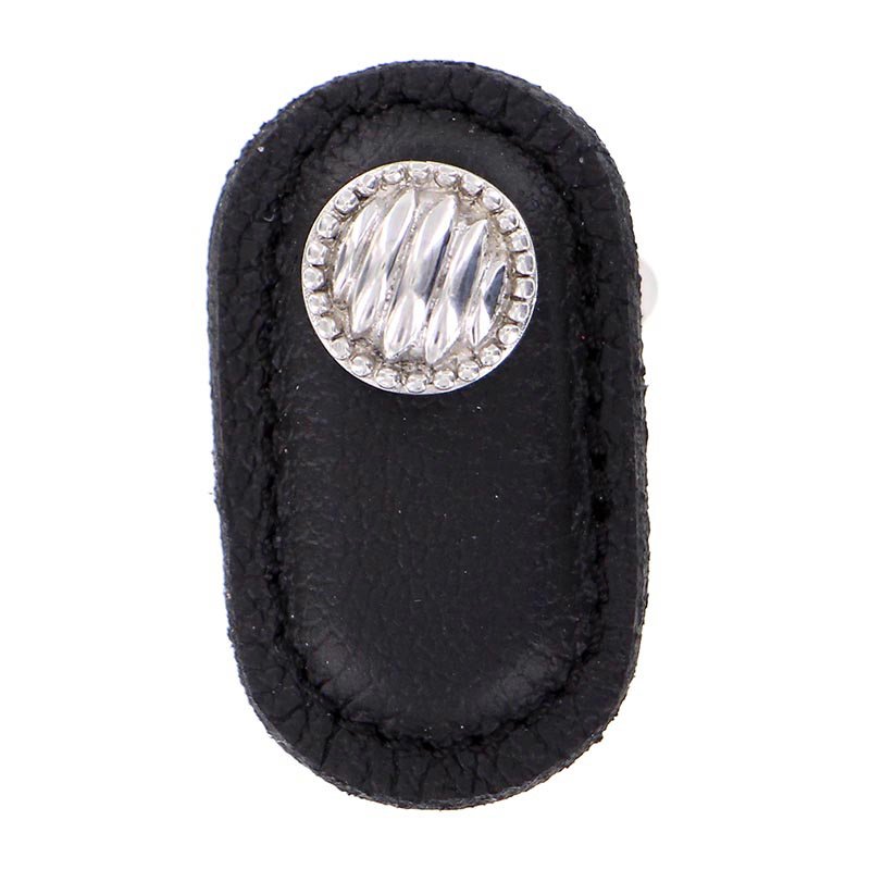 Leather Collection Sanzio Knob in Black Leather in Polished Silver