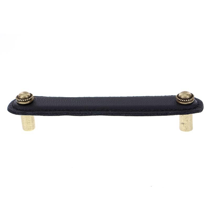 Leather Collection 5" (128mm) Cappello Pull in Black Leather in Antique Brass