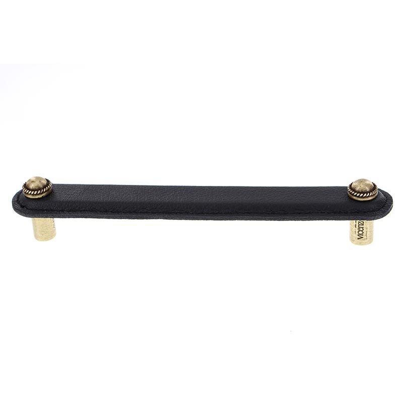 Leather Collection 6" (152mm) Cappello Pull in Black Leather in Antique Brass