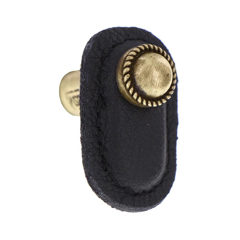Leather Collection Cappello Knob in Black Leather in Antique Brass