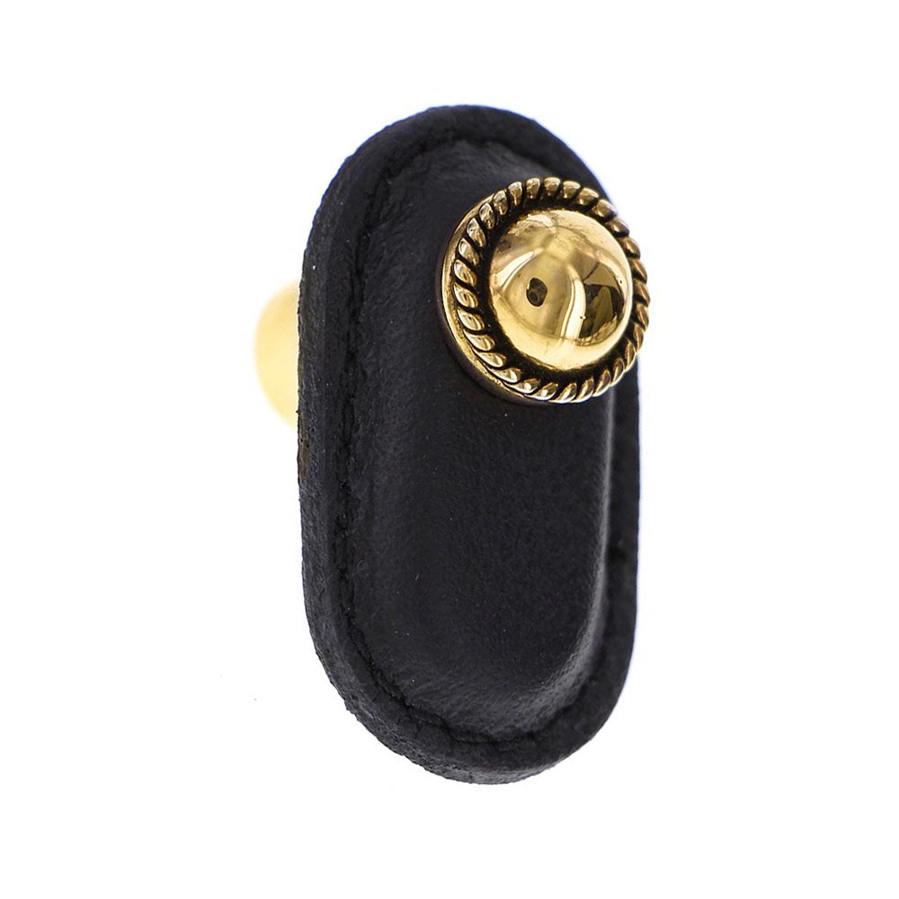 Leather Collection Cappello Knob in Black Leather in Antique Gold