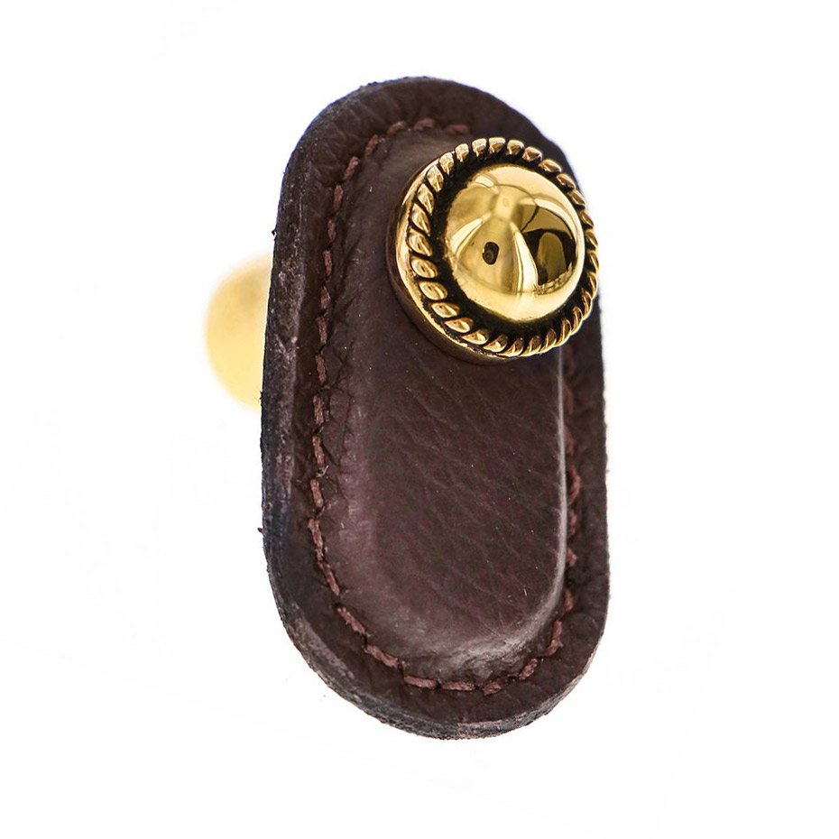 Leather Collection Cappello Knob in Brown Leather in Antique Gold