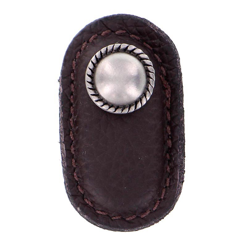 Leather Collection Cappello Knob in Brown Leather in Antique Nickel