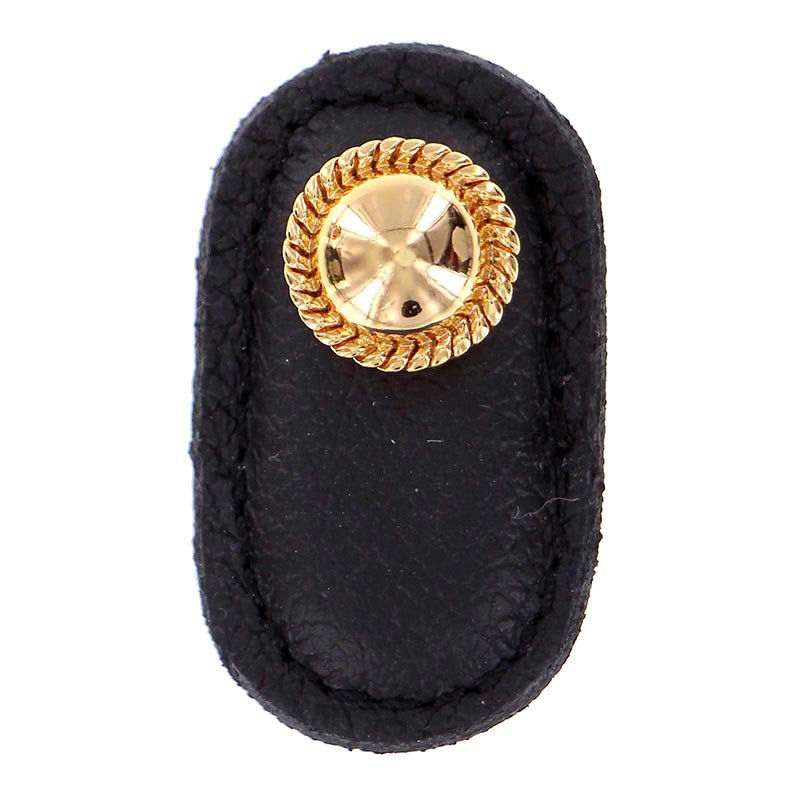 Leather Collection Cappello Knob in Black Leather in Polished Gold