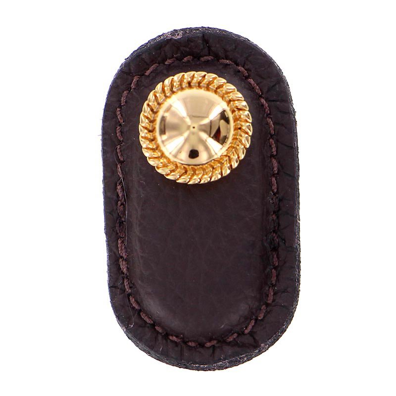 Leather Collection Cappello Knob in Brown Leather in Polished Gold