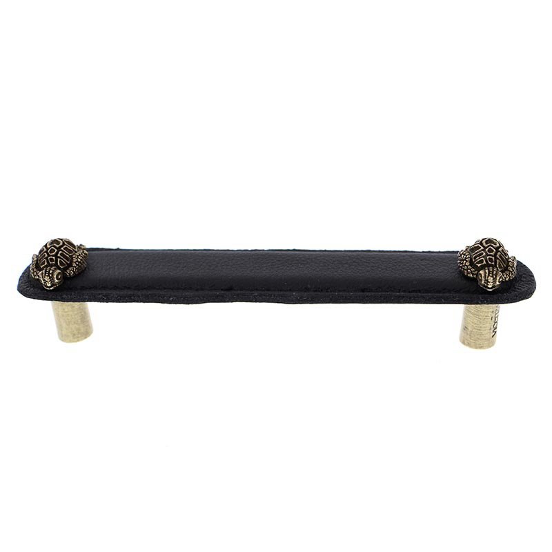 Leather Collection 5" (128mm) Tartaruga Pull in Black Leather in Antique Brass