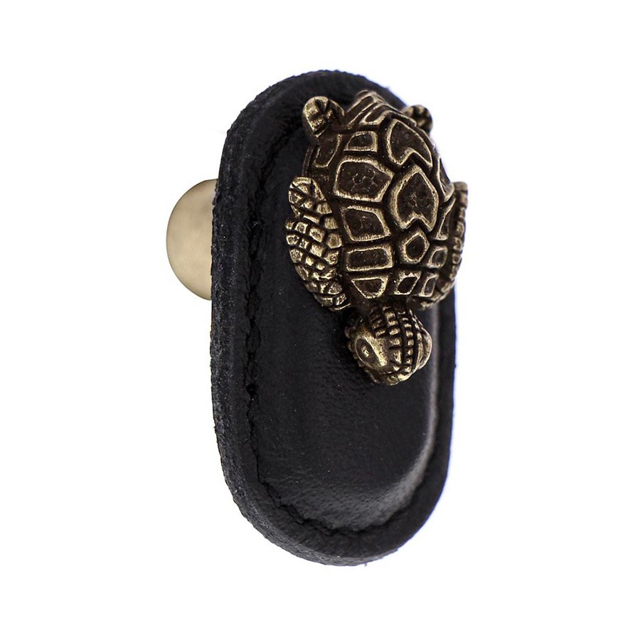 Leather Collection Tartaruga Knob in Black Leather in Antique Brass