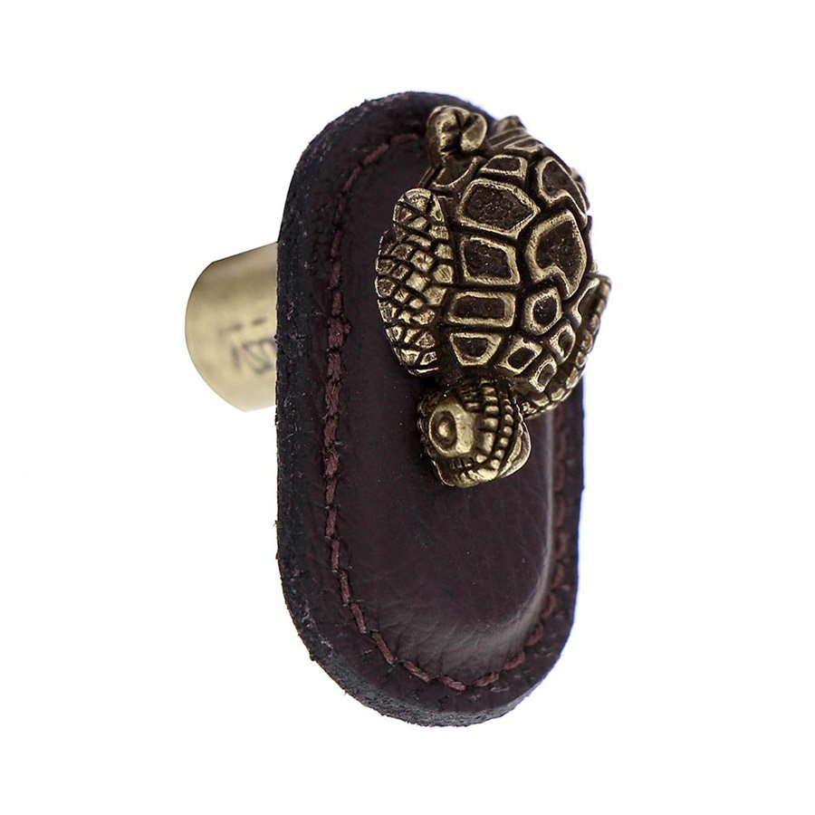 Leather Collection Tartaruga Knob in BrownLeather in Antique Brass