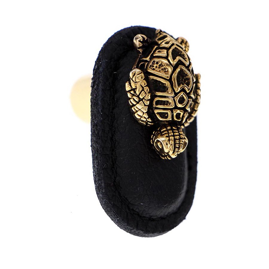 Leather Collection Tartaruga Knob in Black Leather in Antique Gold