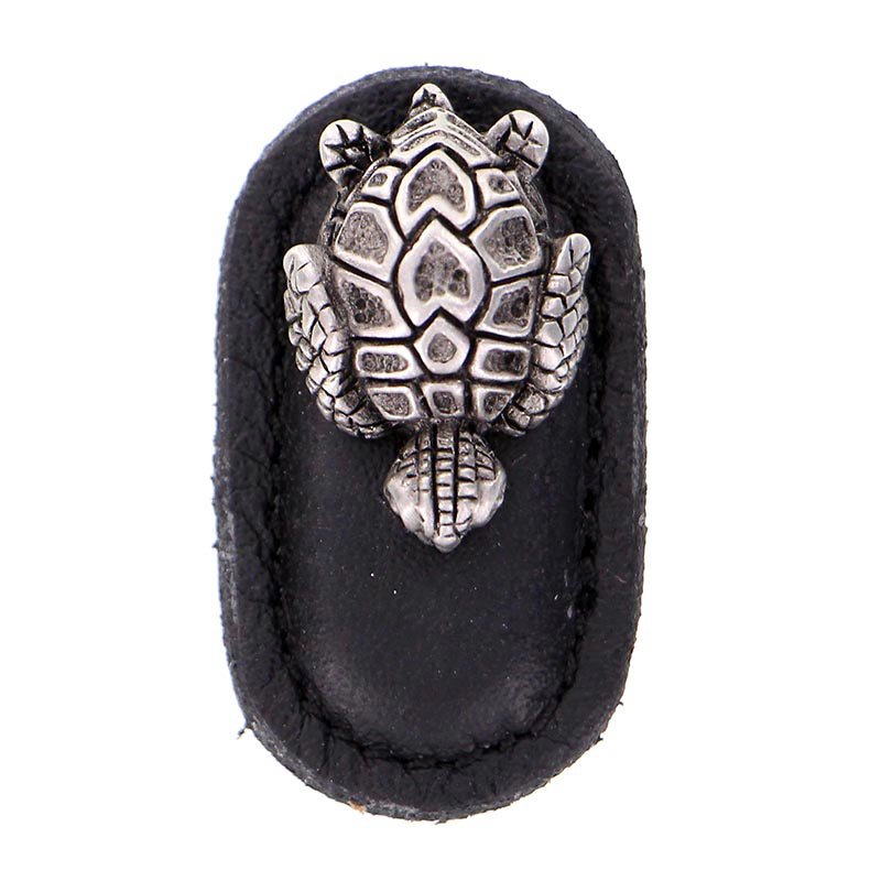 Leather Collection Tartaruga Knob in Black Leather in Antique Nickel