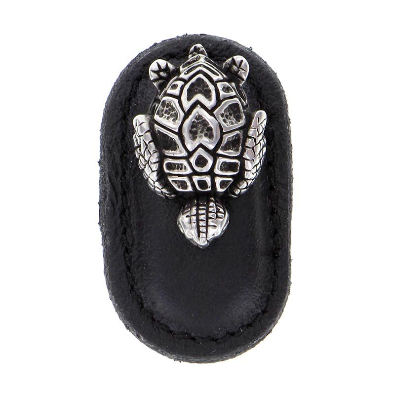 Leather Collection Tartaruga Knob in Black Leather in Antique Silver