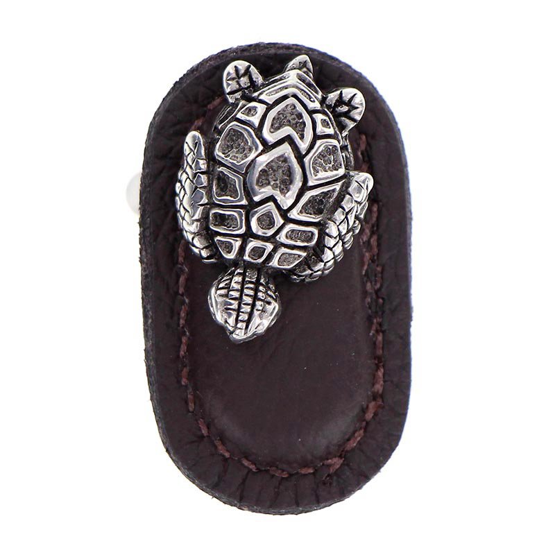 Leather Collection Tartaruga Knob in BrownLeather in Antique Silver