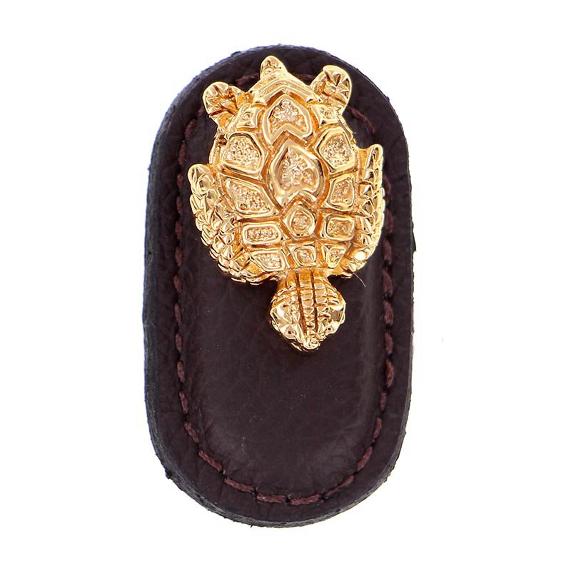Leather Collection Tartaruga Knob in BrownLeather in Polished Gold