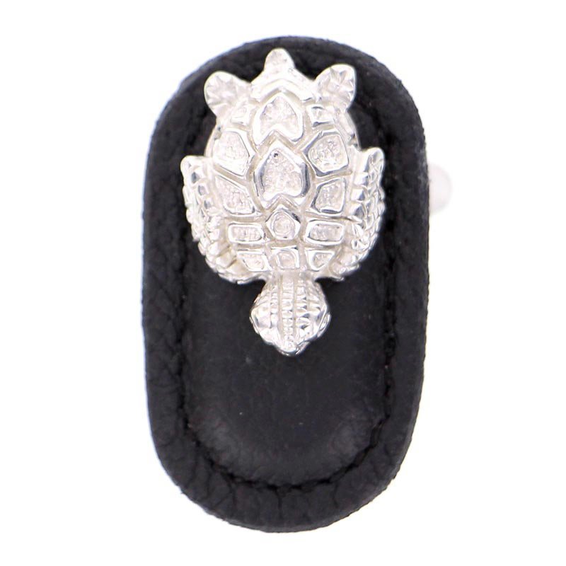 Leather Collection Tartaruga Knob in Black Leather in Polished Silver