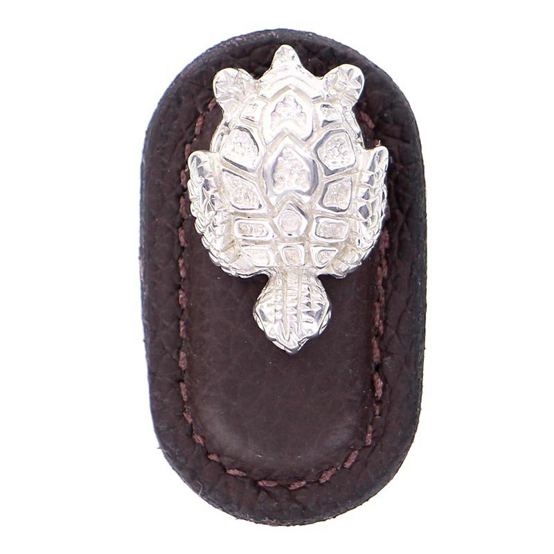 Leather Collection Tartaruga Knob in BrownLeather in Polished Silver