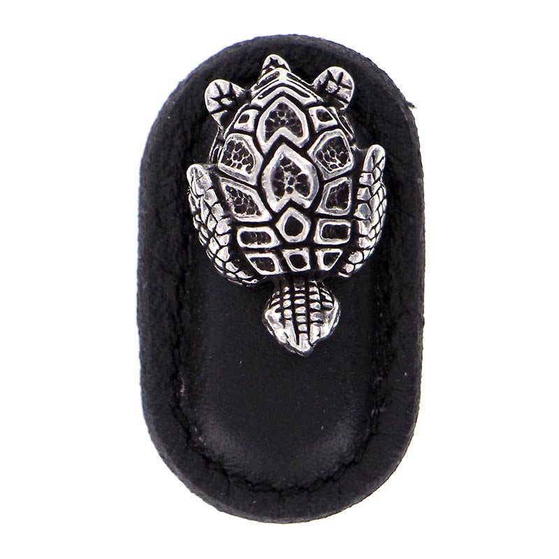 Leather Collection Tartaruga Knob in Black Leather in Vintage Pewter
