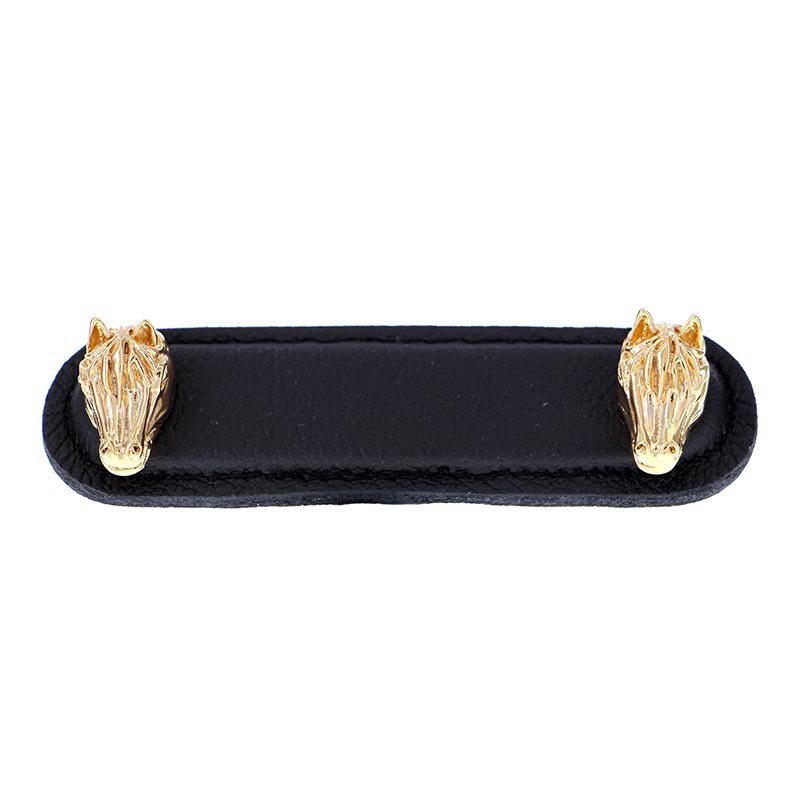 Leather Collection 3" (76mm) Cavallo Pull in Black Leather in Polished Gold