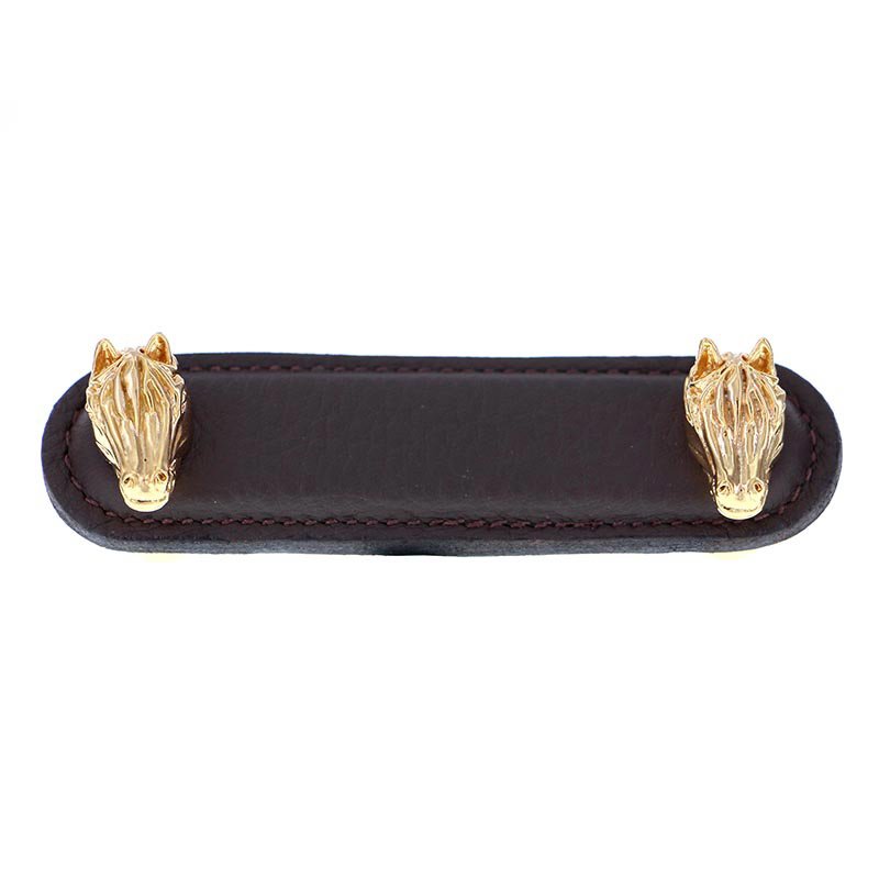 Leather Collection 3" (76mm) Cavallo Pull in Brown Leather in Polished Gold