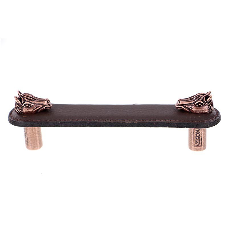 Leather Collection 4" (102mm) Cavallo Pull in Brown Leather in Antique Copper