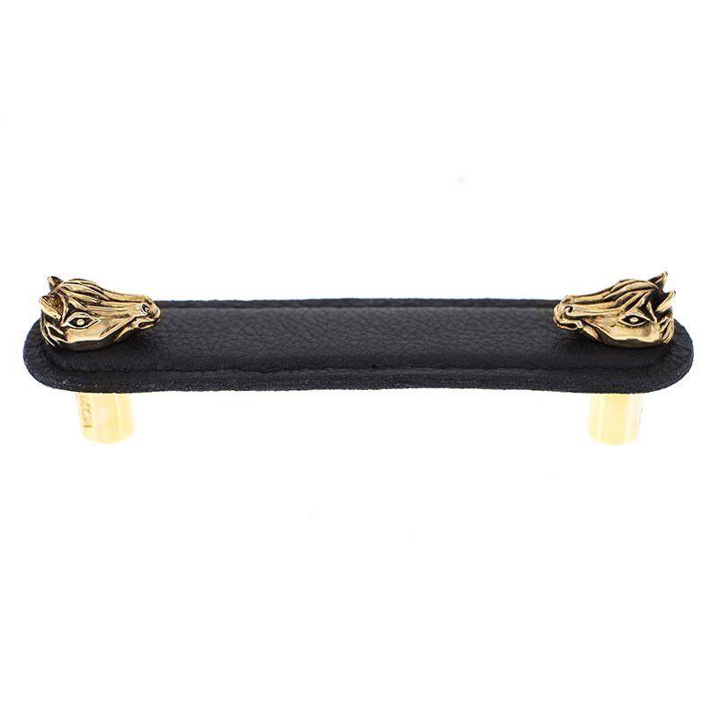 Leather Collection 4" (102mm) Cavallo Pull in Black Leather in Antique Gold