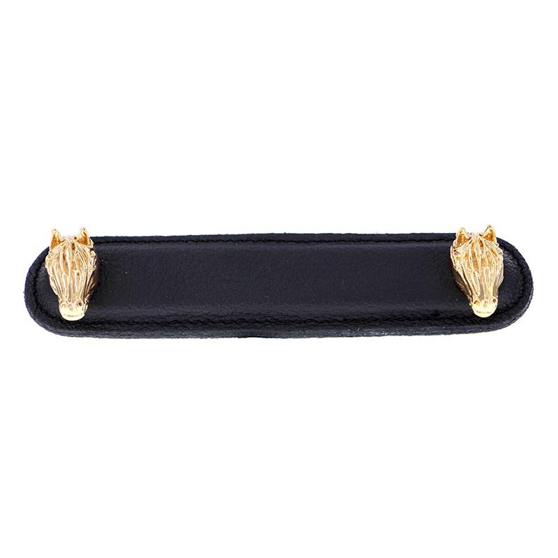 Leather Collection 4" (102mm) Cavallo Pull in Black Leather in Polished Gold