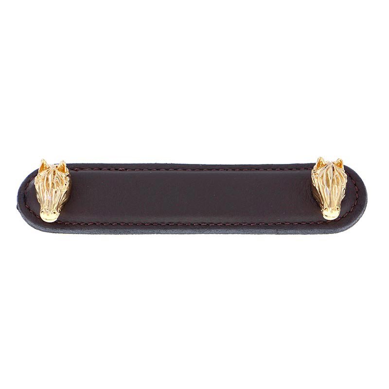 Leather Collection 4" (102mm) Cavallo Pull in Brown Leather in Polished Gold