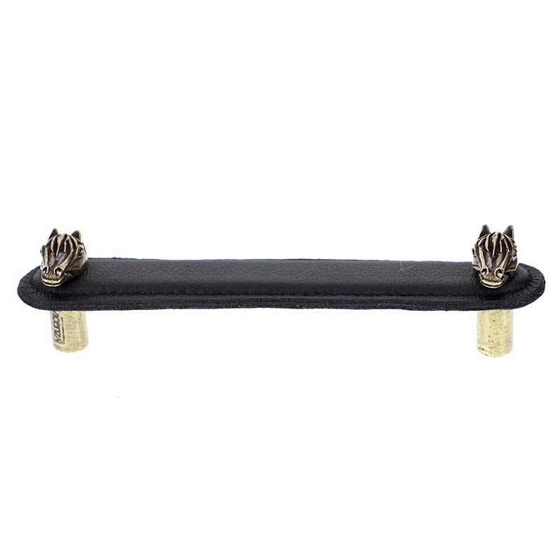 Leather Collection 5" (128mm) Cavallo Pull in Black Leather in Antique Brass
