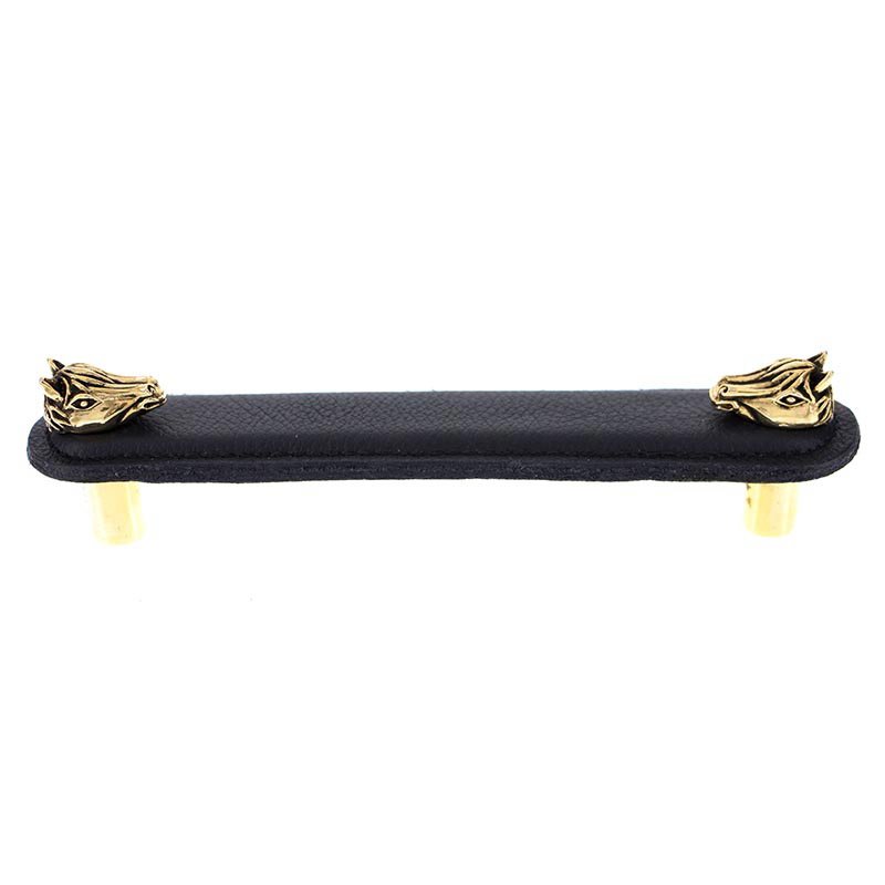 Leather Collection 5" (128mm) Cavallo Pull in Black Leather in Antique Gold