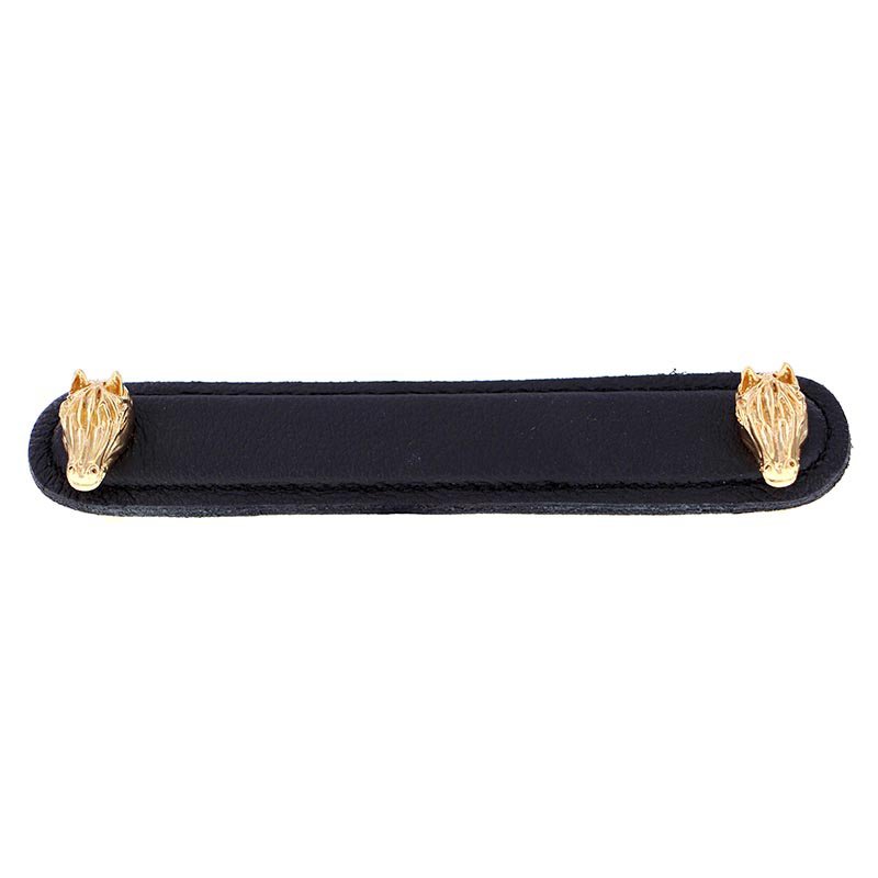 Leather Collection 5" (128mm) Cavallo Pull in Black Leather in Polished Gold